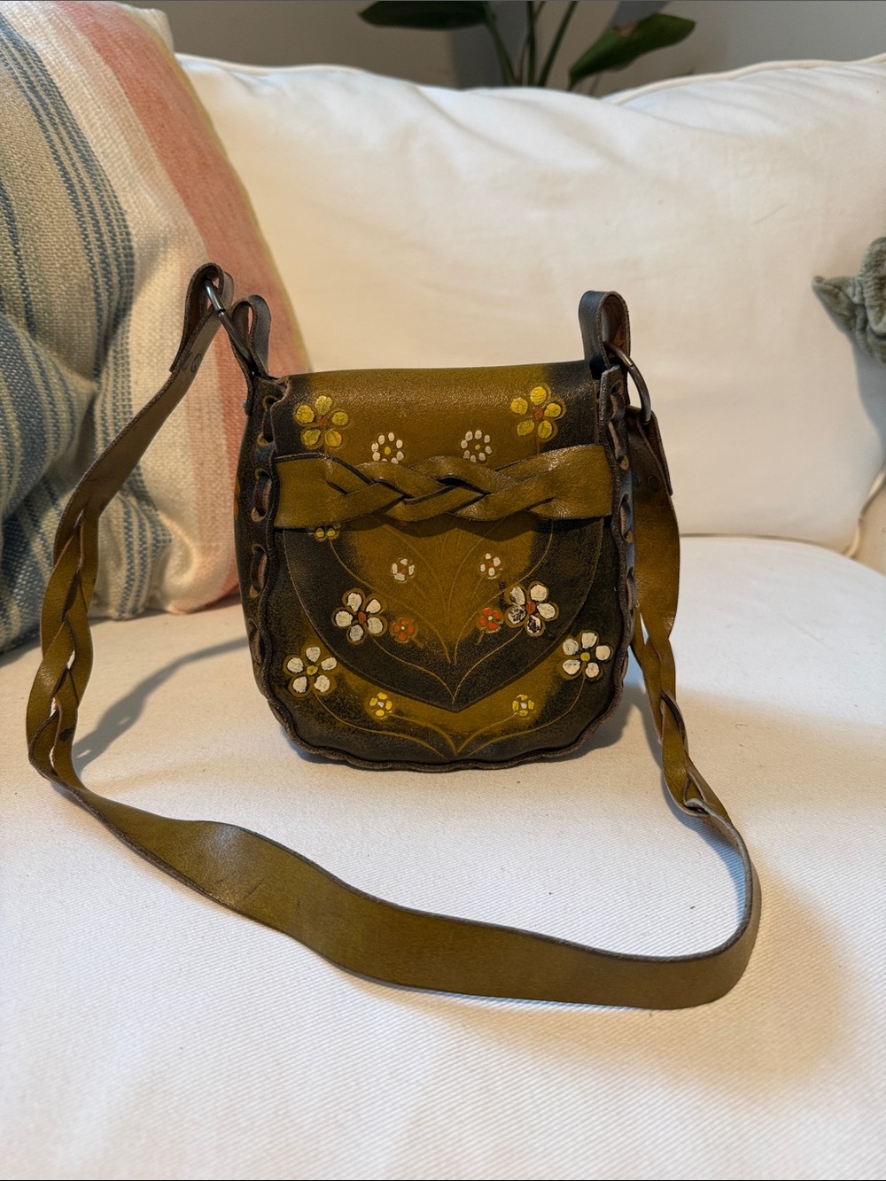 Hand-Painted Vintage Floral Leather Crossbody Bag- Mexico